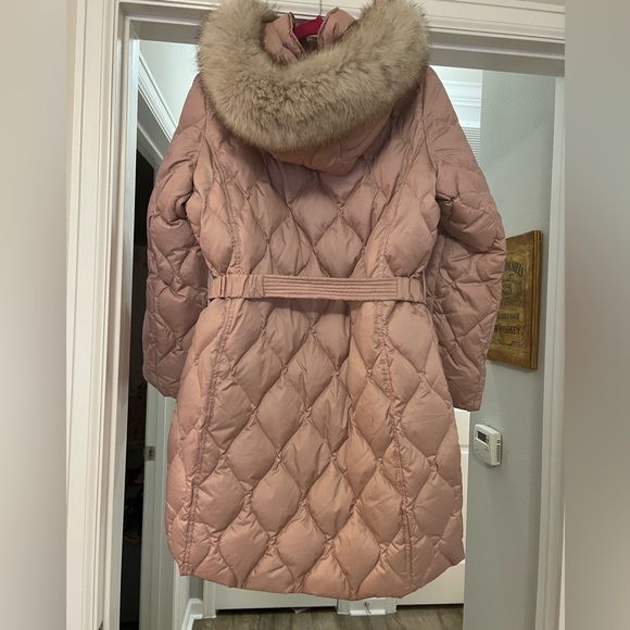Michael Kors Blush Belted Faux Fur Trim Hooded Puffer Coat size Large - Picture 5 of 10